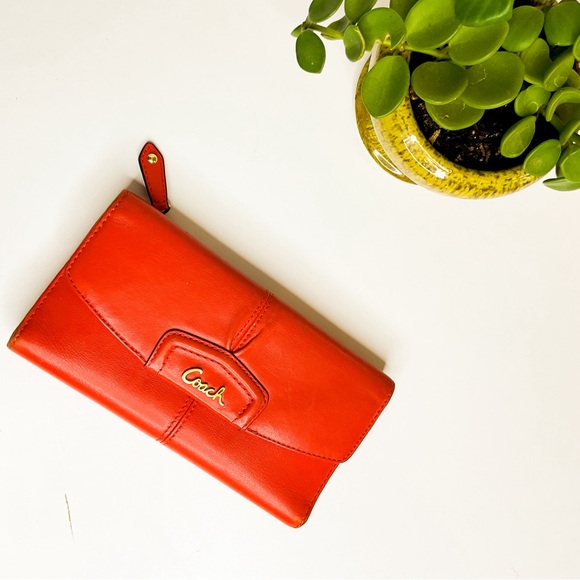 Coach Handbags - Orange Coach Leather Long Wallet With Gold Hardware